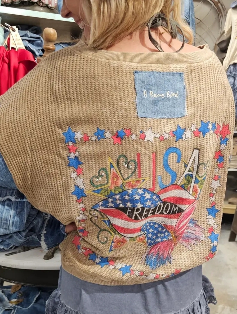 A Rare Bird Women's USA Freedom Graphic Jacket - Tan with Blue Accents